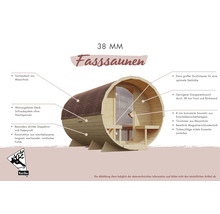 Illustration einer 38 mm Fasssauna mit Dach aus Massivholz und bronzierter Saunatür