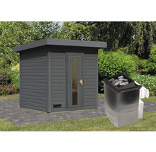 Sauna aus Holz mit Saunaofen im Garten