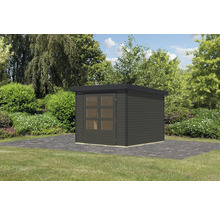 Modernes Gartenhaus mit Doppeltür und Flachdach im Garten