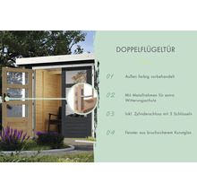 Doppelflügeltür mit Metallrahmen, Zylinderschloss und Kunstglasfenster