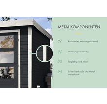Nahaufnahme einer Gartenlaube mit Informationen zu Metallkomponenten: reduzierter Wartungsaufwand, witterungsbeständig, langlebig und stabil, Schraubenköpfe und Metall monochrom.
