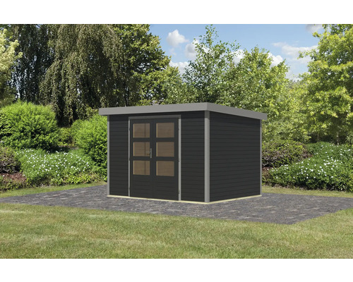 Gartenhaus aus Holz mit Doppeltür und Flachdach im Garten