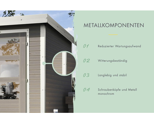 Metallkomponenten einer Gartenhütte: wartungsarm, witterungsbeständig, langlebig und stabil, Schraubenköpfe und Metall monochrom
