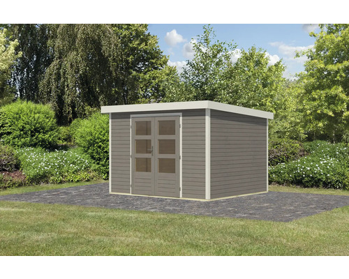 Gartenhaus aus Holz mit Doppeltür und Flachdach im Garten.