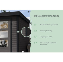 Metallkomponenten eines Gartenhauses mit reduziertem Wartungsaufwand, Witterungsbeständigkeit sowie langer Lebensdauer und Stabilität.