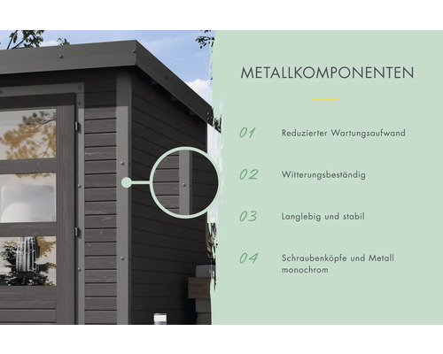 "Detailansicht eines Gartenhauses mit Fokus auf Metallkomponenten, die wartungsarm, witterungsbeständig, langlebig und stabil sind