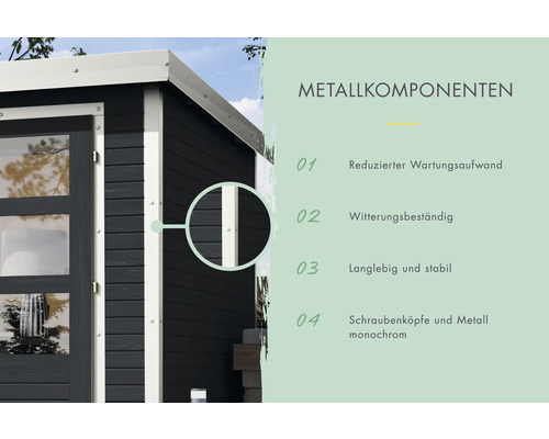 Detailansicht eines Gartenhauses mit Fokus auf Metallkomponenten und zugehörigen Vorteilen.