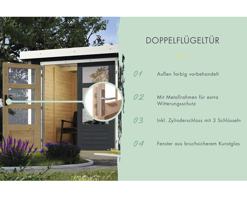 Doppelflügeltür mit Metallrahmen, Zylinderschloss und Fenstern aus bruchsicherem Kunstglas