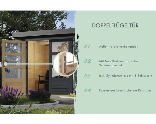 Doppelflügeltür mit Metallrahmen und Zylinderschloss in Gartenhaus