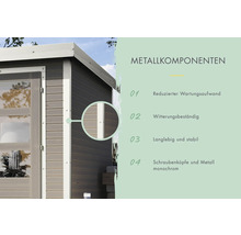 Informationen zu Metallkomponenten eines Gartenhauses: reduzierter Wartungsaufwand, witterungsbeständig, langlebig und stabil, Schraubenköpfe und Metall monochrom