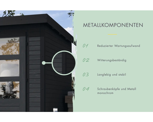 Metallkomponenten eines Gartenhauses: reduzierter Wartungsaufwand, witterungsbeständig, langlebig und stabil, Schraubenköpfe und Metall monochrom