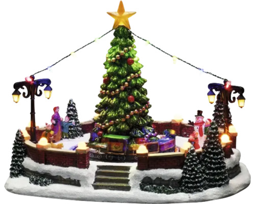 Dekorative Weihnachtsszene mit Baum, Figuren und Beleuchtung