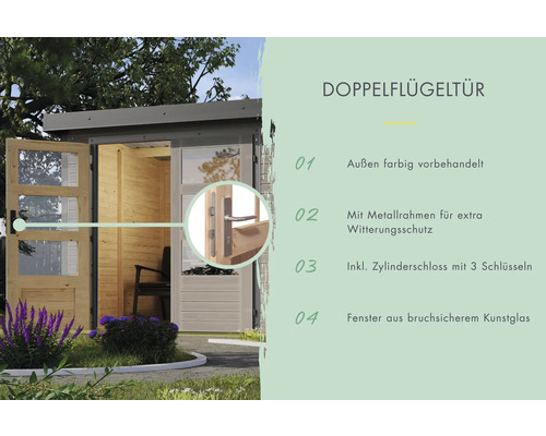 Doppelflügeltür mit Metallrahmen, Zylinderschloss und Kunstglasfenstern