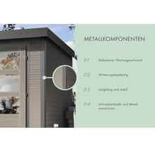 Detailansicht eines Gartenhauses mit Informationen zu Metallkomponenten