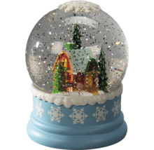 Schneekugel mit Hausmotiv und Schneeflocken