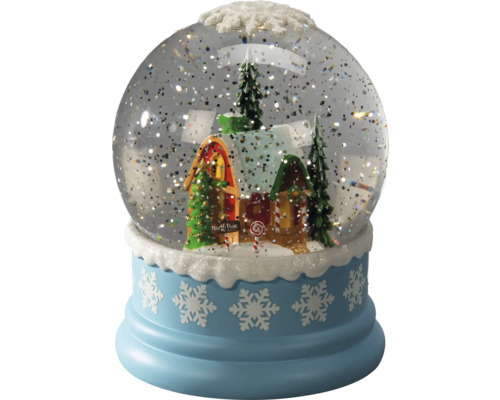 Schneekugel mit Hausmotiv und Schneeflocken