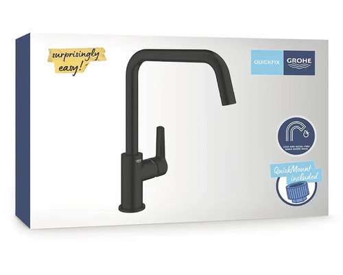 Verpackung einer Küchenarmatur in Schwarz von Grohe mit Quickfix-Funktion