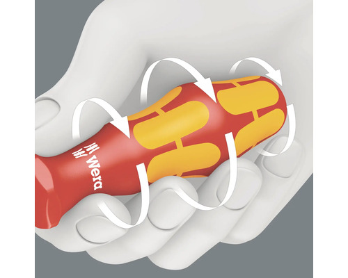 Ergonomischer Schraubendrehergriff mit Wera Logo und Pfeilen zur Illustration des Drehmoments