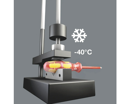 Schraubendreher Kälte Schlag Test mit Symbol für Kältebeständigkeit bis minus 40 Grad Celsius