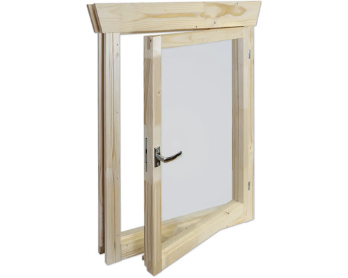 Geöffnetes Holzfenster mit Fenstergriff