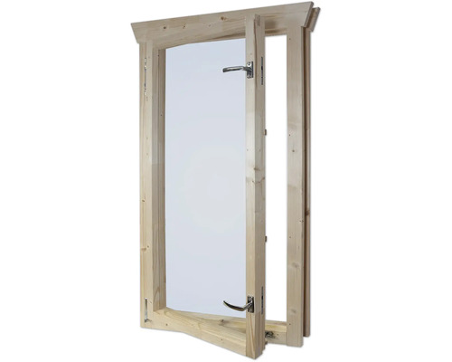 Geöffnetes Holzfenster mit Griff