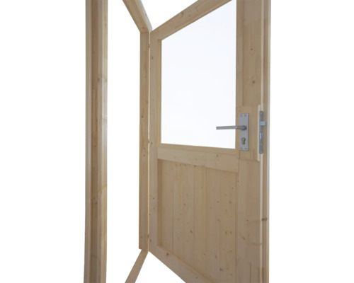 Geöffnete Holztür mit Glaseinsatz