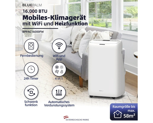 Mobiles Klimagerät mit WiFi und Heizfunktion im Wohnraum.