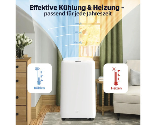 Weißes mobiles Klimagerät mit Kühl- und Heizfunktion im Wohnraum