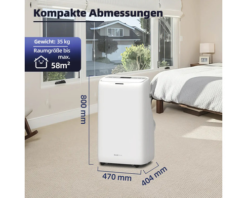 Weißes mobiles Klimagerät mit Maßangaben im Schlafzimmer.
