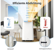 Mobiles Klimagerät im Wohnraum mit Kühl- und Heizfunktion sowie Dichtstoff und Schnappverschluss zur effizienten Abdichtung.