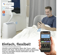 Mobiles Klimagerät mit Mann im Bett und Smartphone App Steuerung