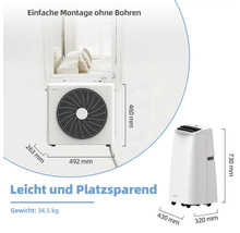 Klimaanlage mit Außen- und Inneneinheit mit Maßangaben