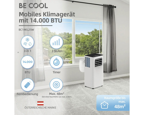 Mobiles Klimagerät mit 14000 BTU für eine Raumgröße bis maximal 48 Quadratmeter.