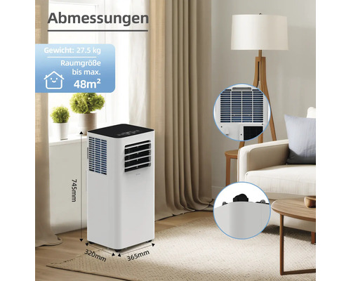 Mobiles Klimagerät in einem Wohnzimmer mit Abmessungsangaben.