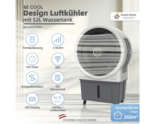 Be Cool Design Luftkühler mit 52 Liter Wassertank, Fernbedienung, 3 Stufen, 12 Stunden Timer, Schwenkfunktion, LED Display, Wifi, 2 in 1 Kühlen/Entfeuchten, Raumgröße bis maximal 260 Quadratmeter