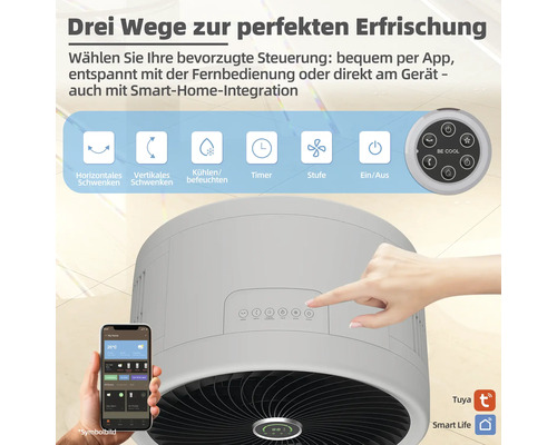 Ventilator mit verschiedenen Steuerungsoptionen: App, Fernbedienung und direkt am Gerät.