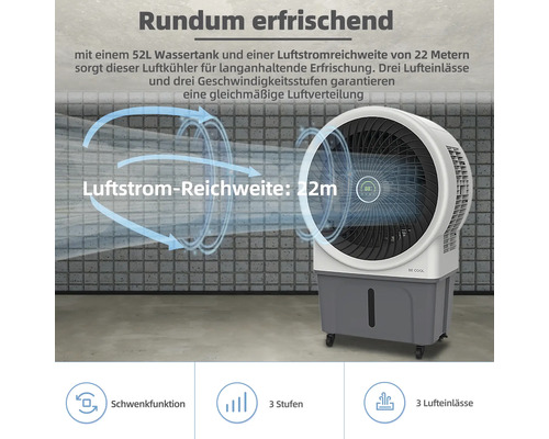 Luftkühler mit einem 52 Liter Wassertank und einer Luftstromreichweite von 22 Metern