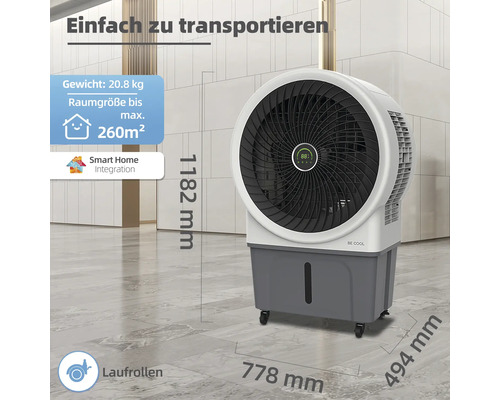 Luftkühler mit Rollen für einfachen Transport, 20,8 Kilogramm Gewicht, maximale Raumgröße 260 Quadratmeter, Smart Home Integration