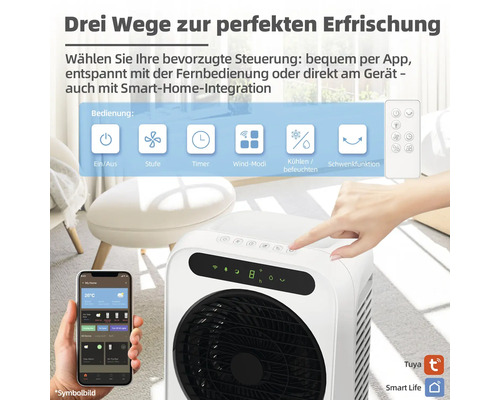 Ventilator mit drei Steuerungsarten: App, Fernbedienung und direkt am Gerät