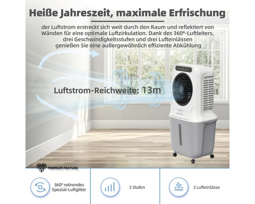 Luftkühler im Raum mit einer Luftstromreichweite von 13 Metern, 360 Grad rotierendes Spezial-Luftgitter, drei Stufen und drei Lufteinlässe
