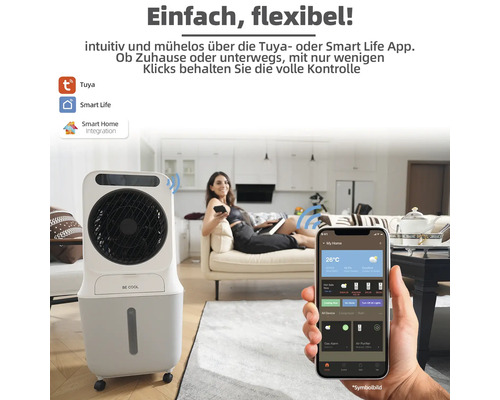 Mobiles Klimagerät im Wohnraum mit Steuerung per Smartphone App.