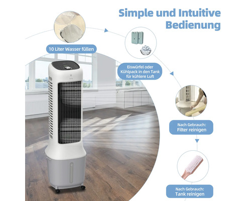 Luftkühler mit Hinweisen zur einfachen Bedienung, inklusive Wasserbefüllung, Kühloptionen und Reinigung.