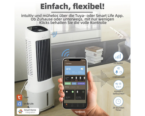 Weißer mobiler Luftkühler mit Tuya und Smart Life App Steuerung