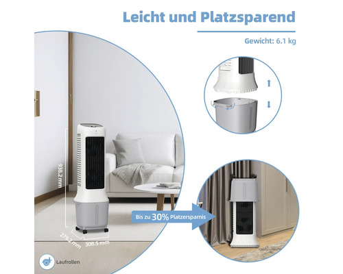 Turmventilator mit Abmessungen, Gewicht und Details zur Platzersparnis