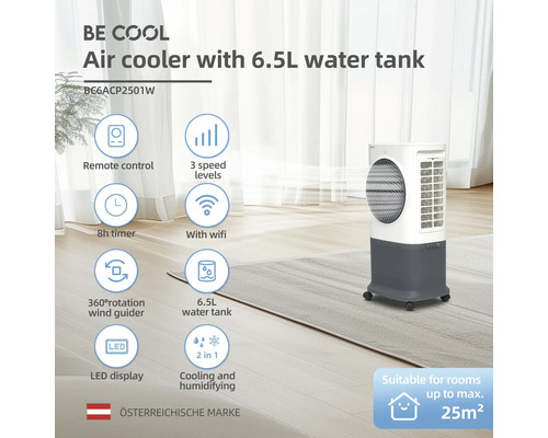 Luftkühler mit 6,5-Liter-Wassertank und diversen Funktionen wie Fernbedienung, Timer, WLAN und LED-Display.