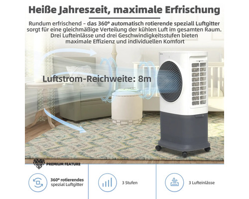 Raumszene mit mobilem Luftkühler mit drei Geschwindigkeitsstufen und 360 Grad drehbarem Luftgitter