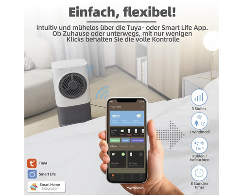 Luftreiniger mit Smartphone Steuerung in einem modernen Wohnraum.
