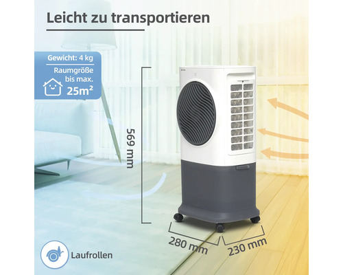 Luftkühler mit den Maßen 569 mal 280 mal 230 Millimeter und einem Gewicht von 4 Kilogramm für eine Raumgröße von maximal 25 Quadratmetern
