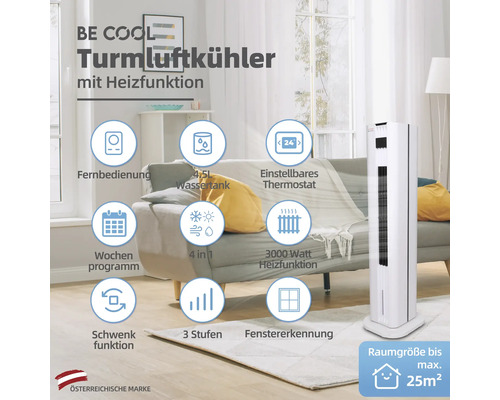 Turmluftkühler mit Heizfunktion in einem Wohnzimmer mit Funktionen wie Fernbedienung, Wassertank, Thermostat und Fenstererkennung