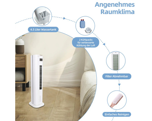 Turmventilator mit 4,5 Liter Wassertank, zwei Kühlpacks und abnehmbarem Filter für einfache Reinigung